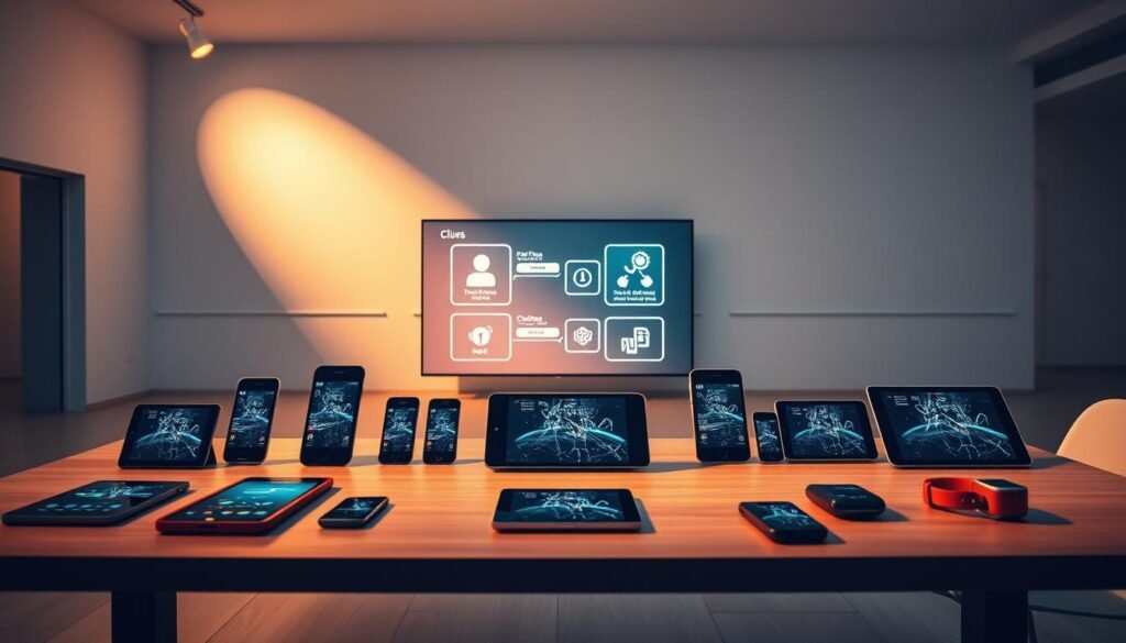 A sleek, modern digital scavenger hunt setup. In the foreground, an array of connected smart devices - smartphones, tablets, and wearables - arranged on a minimalist wooden table. Diffused lighting from above casts a warm, inviting glow, highlighting the vibrant, high-resolution displays. In the middle ground, a large interactive touchscreen displays clues and challenges, its interface intuitive and visually engaging. The background features a minimalist, monochrome environment with clean lines and geometric shapes, creating a sense of futuristic sophistication. The overall atmosphere is one of seamless technology integration, heightening the excitement and immersion of the scavenger hunt experience.