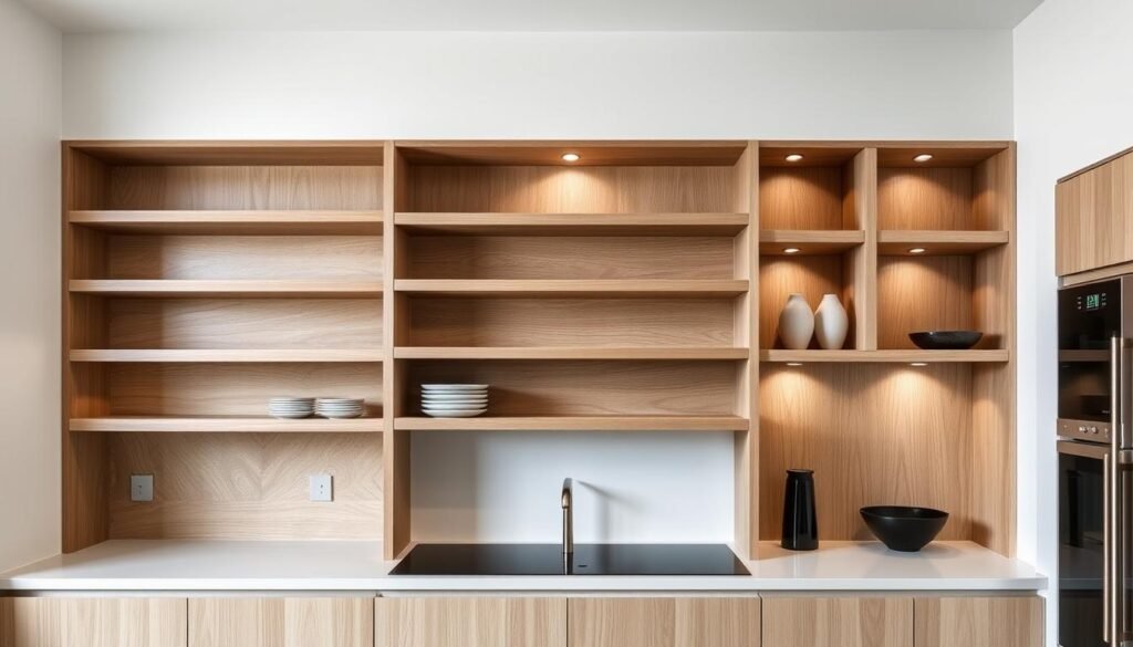 A sleek, modern kitchen with innovative white oak cabinetry showcasing a visually striking open shelving design. The shelves are arranged in an asymmetrical, staggered pattern, creating a dynamic and eye-catching display. The natural wood grain of the oak contrasts beautifully with the clean, white walls, evoking a sense of warmth and sophistication. Soft, diffused lighting from above casts a warm glow, accentuating the texture and depth of the wood. The overall composition exudes a sense of minimalist elegance, perfectly capturing the essence of "Innovative Cabinetry: Open Shelving and Unique Designs".