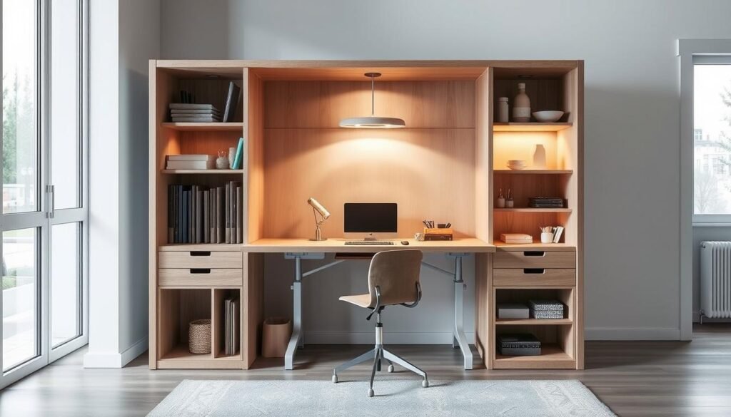 A sleek, portable craft station with a minimalist, Scandinavian-inspired design. The station features a sturdy, adjustable wooden tabletop, surrounded by ample storage compartments and cubbies for organizing crafting supplies. The design incorporates clean lines, natural materials, and a neutral color palette, creating a serene and functional workspace. Soft, diffused lighting from above illuminates the station, casting a warm glow and highlighting the textural details of the wood and metal accents. The station is situated in a bright, airy room with large windows, allowing natural light to flood the space and complement the station's elegant aesthetic. The overall composition conveys a sense of efficiency, organization, and inspiration for the creative crafter.