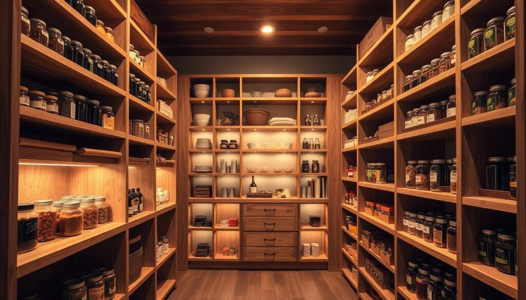 A spacious walk-in pantry with an abundance of custom-built wooden shelves, perfectly organized to maximize storage space. Soft, warm lighting illuminates the neatly arranged jars, cans, and packages, creating a cozy, inviting atmosphere. The shelves extend from floor to ceiling, offering ample vertical space, while the clean, minimalist design with a touch of rustic charm elevates the overall aesthetic. Shadows and highlights accentuate the depth and texture of the wood, and the camera angle captures the pantry's impressive scale and organizational efficiency.