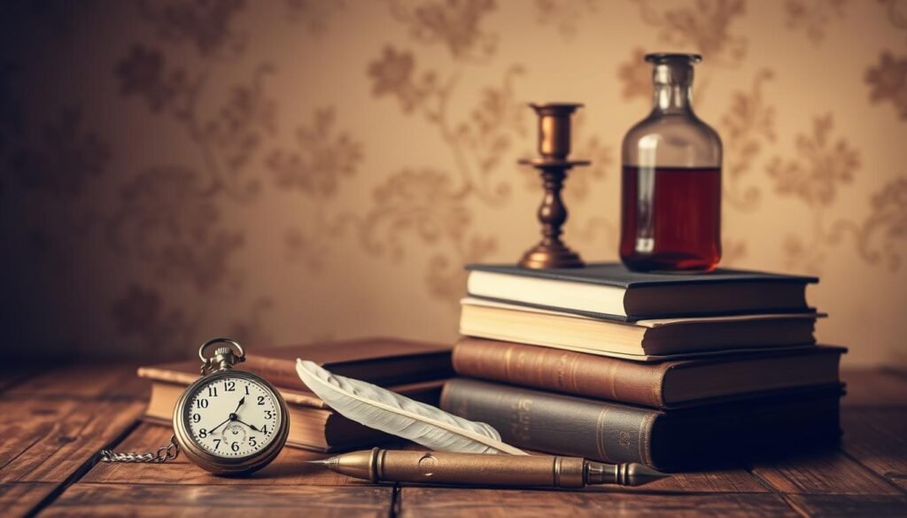 A still life arrangement of vintage-inspired accessories set against a warm, softly-lit backdrop. In the foreground, an ornate pocket watch, a quill pen, and a stack of antique-looking books rest on a weathered wooden table. In the middle ground, a brass candlestick and a glass bottle filled with amber-colored liquid create a sense of timeless elegance. The background features a muted, sepia-toned wall, with hints of aged wallpaper texture adding to the nostalgic atmosphere. The overall composition evokes a sense of quiet contemplation and a reverence for the past. A still life arrangement of vintage-inspired accessories set against a warm, softly-lit backdrop. In the foreground, an ornate pocket watch, a quill pen, and a stack of antique-looking books rest on a weathered wooden table. In the middle ground, a brass candlestick and a glass bottle filled with amber-colored liquid create a sense of timeless elegance. The background features a muted, sepia-toned wall, with hints of aged wallpaper texture adding to the nostalgic atmosphere. The overall composition evokes a sense of quiet contemplation and a reverence for the past.