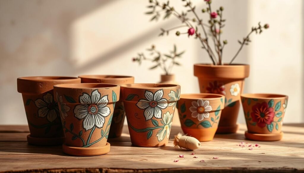 A still life arrangement showcasing a collection of hand-painted terracotta pots in a warm, natural setting. The pots feature intricate floral patterns and textures, with a matte, earthy finish. They are positioned on a wooden surface, accentuated by soft, diffused lighting that casts gentle shadows, creating a sense of depth and dimension. The background is a neutral, muted palette, allowing the vibrant colors and details of the pots to take center stage. The overall composition conveys a sense of artistry, craftsmanship, and the joy of creative expression through flower pot painting.