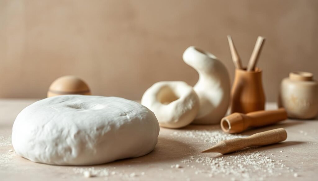 A still life composition showcasing the unique properties of air-dry clay. In the foreground, a pristine white slab of clay, its smooth, pliable texture evident. In the middle ground, a partially sculpted form, revealing the clay's ability to hold its shape. Surrounding it, an assortment of sculpting tools, highlighting the tactile, hands-on nature of working with this medium. The background features a muted, earthy color palette, creating a calming, contemplative atmosphere. Soft, natural lighting from an overhead source casts gentle shadows, emphasizing the clay's malleable qualities. The overall scene conveys the versatility and limitations of air-dry clay, a material that allows for expressive, handcrafted creations.