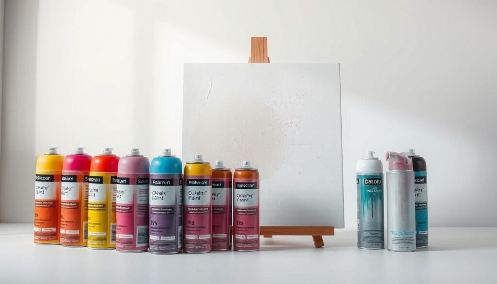 A still life composition showcasing various chalk enamel spray paint techniques. In the foreground, an array of spray paint cans in vibrant colors stands prominently, their labels and nozzles clearly visible. In the middle ground, a canvas board serves as the canvas, featuring delicate brushstrokes and splatters of chalk-like paint in a soft, muted palette. The background is a softly lit, minimalist studio setting, with clean white walls and subtle shadows that create depth and dimension. The overall scene conveys a sense of artistic experimentation and a tactile exploration of the medium, inviting the viewer to imagine the creative process behind the techniques on display.