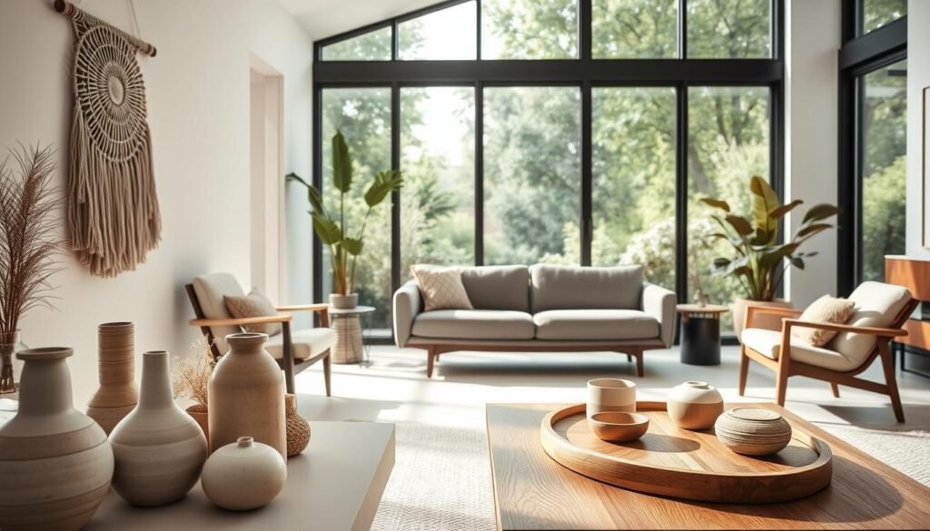 A stylish and minimalist modern home interior with natural light flooding the space. In the foreground, artfully arranged handmade decor crafts such as a woven wall hanging, ceramic vases, and a wooden serving tray. The middle ground features a sleek mid-century modern sofa and armchair, complemented by a low wooden coffee table showcasing more handcrafted items. The background has large windows overlooking a lush green outdoor scene, creating a seamless indoor-outdoor flow. The overall atmosphere is one of calm, contemporary elegance enhanced by the tactile, homemade quality of the decor.
