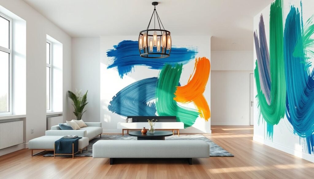 A stylish and modern interior with a focus on creative paint techniques. The foreground depicts a minimalist living room with sleek, white walls. Vibrant, abstract brushstrokes in a variety of bold colors, such as deep blue, vivid green, and fiery orange, are elegantly displayed across the walls, creating a dynamic and visually striking focal point. The middle ground features a large, statement-making light fixture with a unique, geometric design that casts a warm, ambient glow throughout the space. The background showcases a clean, open floor plan with wooden flooring and large windows that flood the room with natural light, enhancing the overall sense of brightness and airiness. The overall mood is one of refined sophistication and artful, contemporary design.