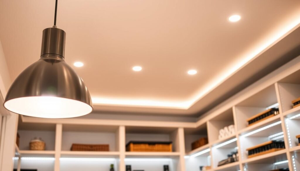 A stylish and well-lit pantry with a blend of warm and task-oriented lighting. In the foreground, a sleek pendant light with a metallic finish casts a soft, ambient glow over the shelves below. The middle ground features recessed ceiling lights that evenly illuminate the space, allowing for easy visibility and organization. In the background, hidden LED strips along the shelving units provide targeted task lighting, highlighting the textures and colors of the stored items. The overall lighting scheme creates a sophisticated and functional atmosphere, perfectly complementing the minimalist yet elegant design of the pantry.