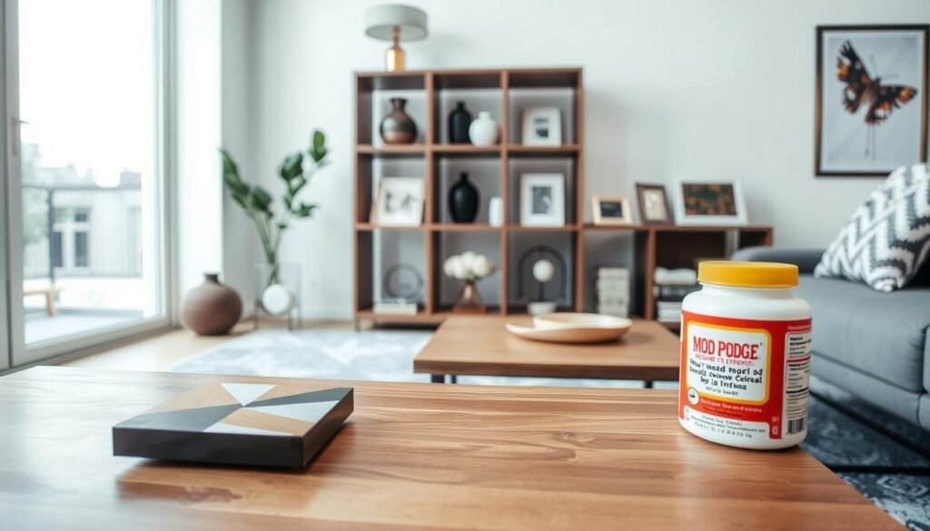A stylish, contemporary interior space featuring various modern DIY projects showcasing the versatility of Mod Podge. In the foreground, a sleek, wooden coffee table displays an artfully crafted coaster set, its surface adorned with a bold, geometric Mod Podge design. In the middle ground, a minimalist bookshelf holds an assortment of DIY-ed vases, picture frames, and trinket trays, all enhanced by the sheen of Mod Podge. The background depicts a bright, airy room with large windows, allowing natural light to flood the space and highlight the handmade, tactile quality of the Mod Podge projects. The overall mood is one of refined, sophisticated craftsmanship, perfectly suited for a stylish adult's home.