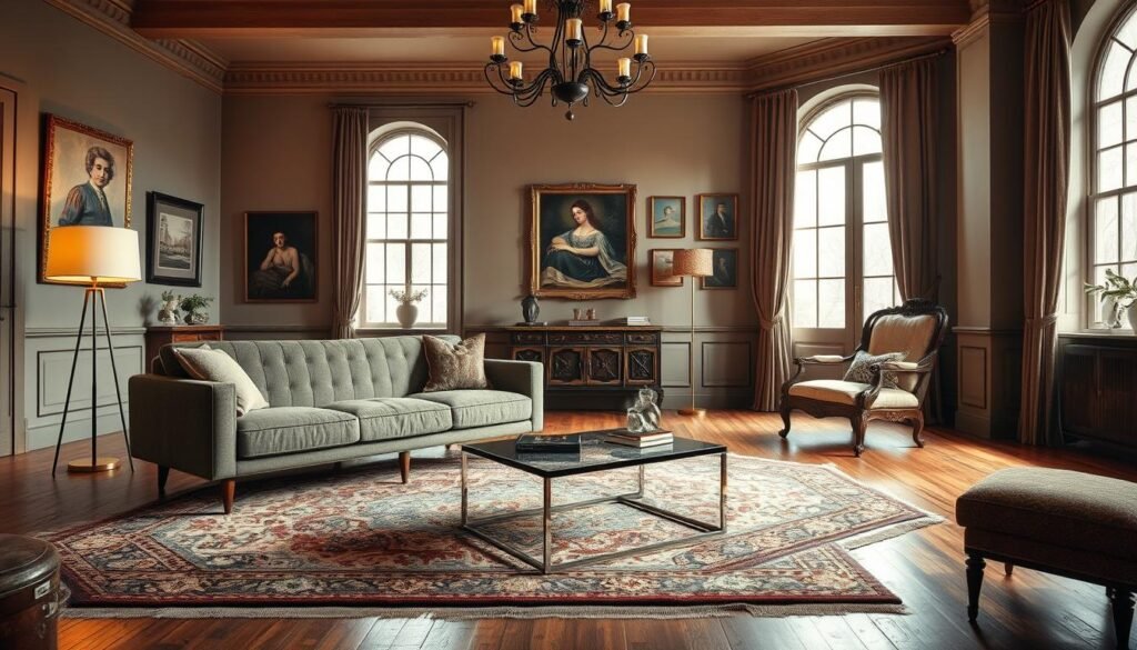 A stylish living room showcasing a harmonious blend of vintage and modern elements. In the foreground, a chic mid-century modern sofa sits atop a plush Persian rug, complemented by a sleek, angular coffee table. Across the room, a grand antique armchair commands attention, its ornate wooden frame juxtaposed with a contemporary floor lamp nearby. The walls feature a mix of vintage artwork and minimalist wall decor, creating a visually striking juxtaposition. Warm, diffused lighting from large windows and a statement chandelier illuminates the space, accentuating the historic-modern aesthetic. The overall atmosphere is one of refined elegance, where the old and new coexist in perfect harmony. A stylish living room showcasing a harmonious blend of vintage and modern elements. In the foreground, a chic mid-century modern sofa sits atop a plush Persian rug, complemented by a sleek, angular coffee table. Across the room, a grand antique armchair commands attention, its ornate wooden frame juxtaposed with a contemporary floor lamp nearby. The walls feature a mix of vintage artwork and minimalist wall decor, creating a visually striking juxtaposition. Warm, diffused lighting from large windows and a statement chandelier illuminates the space, accentuating the historic-modern aesthetic. The overall atmosphere is one of refined elegance, where the old and new coexist in perfect harmony.