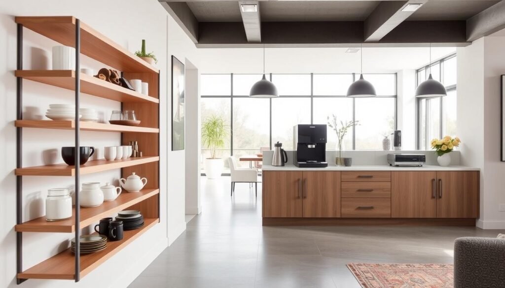 A stylish, modern coffee bar featuring custom-built shelving and storage solutions. The foreground showcases a minimalist, floating wooden shelving unit with clean lines and a neutral color palette, providing ample space for storing mugs, jars, and decorative accents. The middle ground features a sleek, freestanding cabinet with integrated drawers and cabinets, offering hidden storage for coffee supplies and accessories. The background presents a bright, airy space with large windows, allowing natural light to flood the area and create a warm, inviting atmosphere. The overall scene conveys a sense of organization, practicality, and sophisticated style, perfectly suited for the "Incorporating Custom Shelving and Storage Solutions" section of the article.
