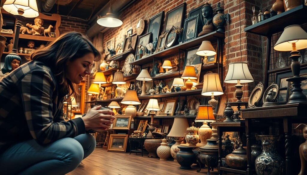 A stylish thrift store with vintage treasures scattered throughout, warm lighting casting a cozy glow. In the foreground, a person crouches, carefully examining an ornate vase, their face alight with excitement. Shelves in the middle ground display an eclectic array of retro lamps, antique frames, and unique knickknacks, beckoning the treasure hunter. The background reveals the store's rustic charm, with exposed brick walls and weathered wooden floors. The atmosphere exudes a sense of discovery, where the unexpected lurks around every corner, waiting to be unearthed by the discerning thrift store aficionado.