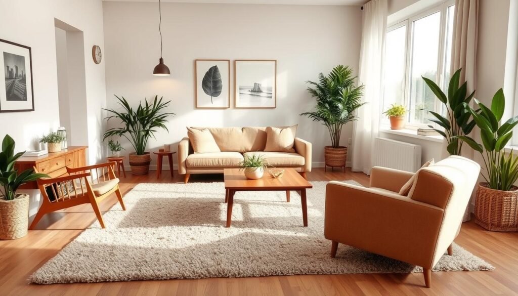 A stylishly modern living room with minimalist decor and warm, natural accents. A plush area rug in earthy tones anchors the space, complemented by a sleek, midcentury-inspired sofa in a soft, neutral fabric. Accent chairs in a complementary hue flank a low, wooden coffee table, creating an intimate conversation area. Subtle wall art and potted plants add pops of greenery, while a large window floods the room with natural light, casting a tranquil, relaxed ambiance. Subtle lighting fixtures provide a cozy glow, perfect for winding down after a long day. The overall aesthetic is one of understated elegance and budget-friendly chic.
