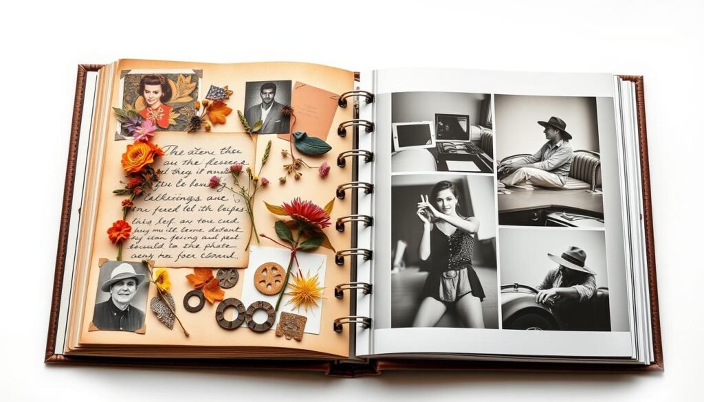 A stylized, high-resolution comparison of a classic scrapbook and a modern photo book, set against a clean, minimalist background. The scrapbook displays a collage of eclectic memorabilia, pressed flowers, and handwritten captions, radiating a nostalgic, analog charm. In contrast, the photo book features clean, crisp images with a sleek, digital aesthetic, highlighting its versatility for elegant photo displays. Warm, directional lighting illuminates the textural details of both, creating a sense of depth and materiality. The composition emphasizes the distinct qualities and appeal of these two cherished methods of preserving memories and self-expression.