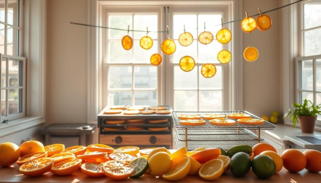 A sun-dappled kitchen counter, showcasing alternative citrus drying methods. In the foreground, a neatly arranged display of sliced oranges, lemons, and limes, their vibrant hues catching the soft, warm light filtering in through large windows. In the middle ground, a rustic wooden dehydrator unit, its trays laden with evenly spread citrus slices, gently drying under low heat. In the background, a simple clothesline strung across the room, adorned with delicate, sun-kissed citrus rounds hanging gracefully, swaying in the gentle breeze. The scene exudes a sense of natural, sustainable elegance, inviting the viewer to imagine the delightful aroma and textures of these homemade, dehydrated citrus decorations.