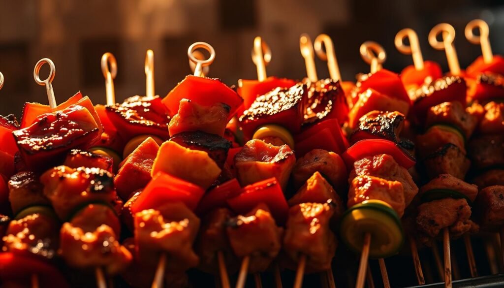 A tantalizing display of skewered kebabs, sizzling and glistening under a warm, golden light. The succulent chunks of tender meat, alternating with vibrant, grilled vegetables, create a visually striking and mouthwatering arrangement. The skewers are positioned at an inviting angle, casting long, dramatic shadows that add depth and drama to the scene. The background is softly blurred, allowing the kebabs to take center stage and captivate the viewer's attention. The overall atmosphere evokes a sense of festive celebration, perfectly suited to complement the "Wedding Snacks Ideas for a Memorable Celebration" article and the "Kebab Skewers and Handheld Kebabs: A Protein-Packed Choice" section.