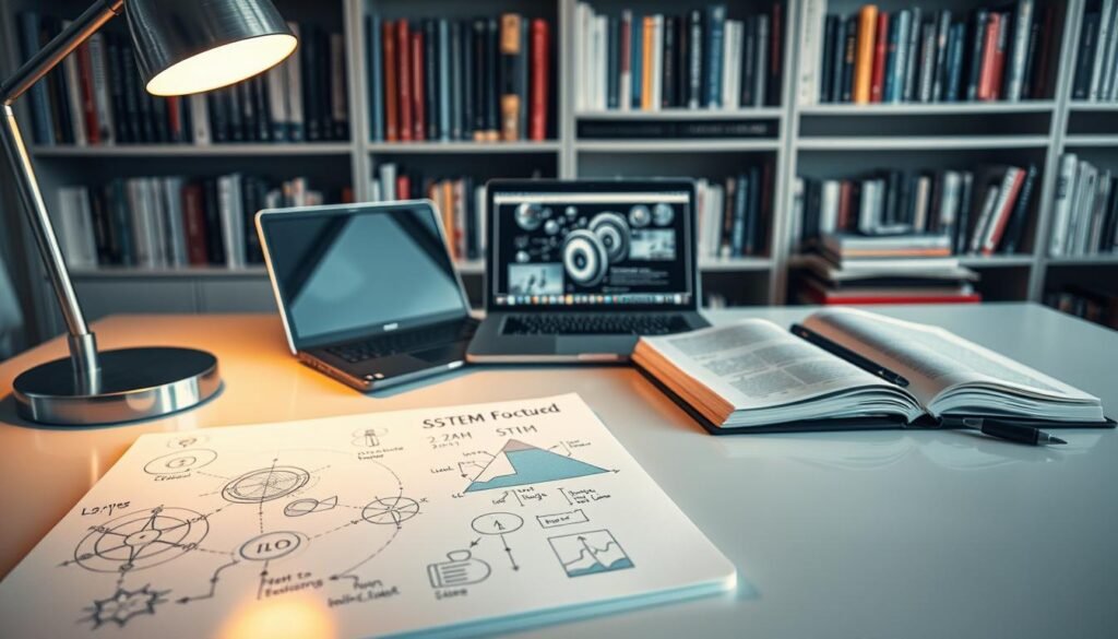 A thoughtful analysis of a STEM-focused film unfolds on a sleek, modern desk. In the foreground, a hand-drawn diagram illustrates a key scientific concept, illuminated by the warm glow of a desk lamp. In the middle ground, a laptop displays intricate visual data, while a textbook and notebook suggest a deep dive into the subject matter. The background features a bookshelf filled with volumes on science, technology, and engineering, creating an atmosphere of intellectual rigor and discovery. Soft, directional lighting casts subtle shadows, emphasizing the depth and complexity of the scene. The overall composition conveys the educational value and analytical depth of the STEM film under examination. A thoughtful analysis of a STEM-focused film unfolds on a sleek, modern desk. In the foreground, a hand-drawn diagram illustrates a key scientific concept, illuminated by the warm glow of a desk lamp. In the middle ground, a laptop displays intricate visual data, while a textbook and notebook suggest a deep dive into the subject matter. The background features a bookshelf filled with volumes on science, technology, and engineering, creating an atmosphere of intellectual rigor and discovery. Soft, directional lighting casts subtle shadows, emphasizing the depth and complexity of the scene. The overall composition conveys the educational value and analytical depth of the STEM film under examination.