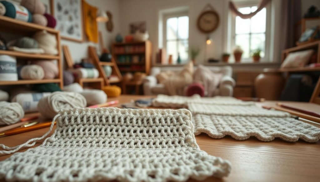 A tranquil crochet workshop with an array of yarn skeins, crochet hooks, and stitch samples showcasing various skill levels. The foreground features a close-up of a crocheted swatch demonstrating intricate stitches and textures, highlighting the nuances of crochet technique. The middle ground showcases a collection of crochet samples arranged neatly, ranging from beginner to advanced, each conveying a sense of progression and mastery. The background depicts a cozy, well-lit studio setting, with natural lighting filtering through a large window, creating a warm and inviting atmosphere. The overall scene radiates a sense of focused craftsmanship and the joy of honing crochet skills.