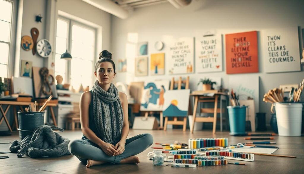 A tranquil, well-lit studio space filled with an array of DIY craft supplies and tools. In the foreground, a person sitting cross-legged on the floor, deeply engaged in a hands-on project, their face expressing a serene, focused expression. The middle ground showcases various unfinished DIY projects - a half-knitted scarf, a partially painted canvas, and a collection of colorful paints and brushes. The background depicts a wall adorned with inspiring artwork and motivational quotes, conveying a sense of creativity, mindfulness, and the mental benefits of immersive DIY activities. Warm, natural lighting filters through large windows, creating a calming, therapeutic atmosphere.