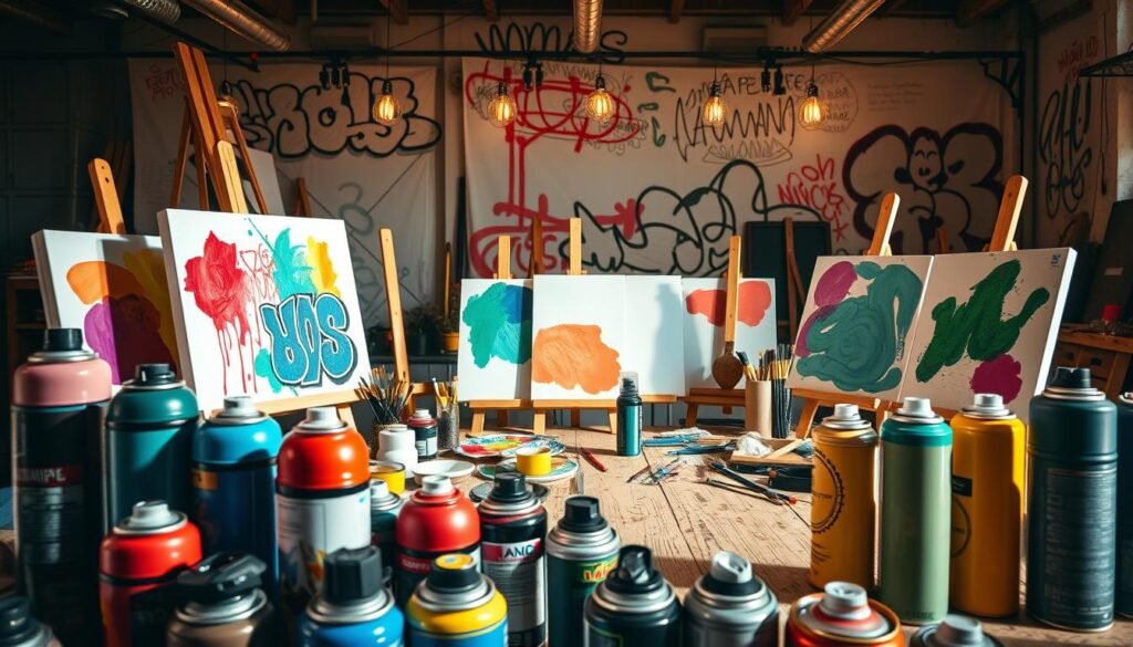 A vibrant DIY studio scene with an array of creative supplies. In the foreground, an assortment of spray paint cans in a variety of bold colors, their caps removed, ready for use. In the middle ground, several canvases propped up, their surfaces partially covered in expressive brushstrokes of acrylic paint in a mix of hues. Easels, paintbrushes, and other crafting tools are scattered across a distressed wooden table, creating a sense of artistic energy. The background features a wall adorned with abstract graffiti-inspired patterns, adding an urban, loft-like ambiance. Warm, directional lighting from above casts dynamic shadows, enhancing the depth and texture of the scene. An atmosphere of playful experimentation and DIY inspiration pervades the frame.