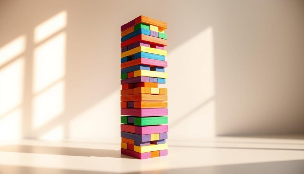 A vibrant Jenga tower stands prominently in the foreground, its wooden blocks meticulously arranged in a rainbow of vivid hues. The lighting casts a warm, natural glow, highlighting the tactile texture of the wood and the playful, whimsical nature of the scene. The middle ground features a clean, minimalist background, allowing the colorful Jenga game to take center stage. Subtle shadows and reflections add depth and dimension, creating a sense of depth and three-dimensionality. The overall mood is one of playfulness, creativity, and a touch of artistic flair, perfectly capturing the spirit of a "Colorful Jenga Game Upgrade" for a home decor project. A vibrant Jenga tower stands prominently in the foreground, its wooden blocks meticulously arranged in a rainbow of vivid hues. The lighting casts a warm, natural glow, highlighting the tactile texture of the wood and the playful, whimsical nature of the scene. The middle ground features a clean, minimalist background, allowing the colorful Jenga game to take center stage. Subtle shadows and reflections add depth and dimension, creating a sense of depth and three-dimensionality. The overall mood is one of playfulness, creativity, and a touch of artistic flair, perfectly capturing the spirit of a "Colorful Jenga Game Upgrade" for a home decor project.