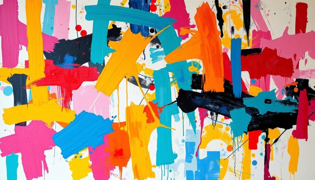 A vibrant abstract composition featuring a dynamic interplay of bold brushstrokes, vivid colors, and expressive textures. The canvas is filled with layers of overlapping shapes and gestural marks, creating a sense of depth and visual complexity. The lighting is soft and diffused, casting a warm, inviting glow across the painting's surface. The overall mood is one of energy, experimentation, and a celebration of the inherent beauty of the painting process. The composition is balanced yet spontaneous, inviting the viewer to explore the depths of the abstract visual language.