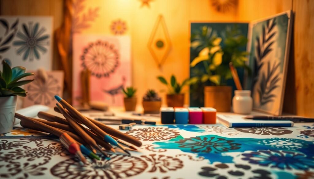 A vibrant acrylic paint stenciling tutorial scene with intricate designs, paintbrushes, and art supplies in the foreground. A minimalist, eco-friendly workspace with natural textures like wood and greenery in the middle ground. Warm, diffused lighting casts a cozy, creative atmosphere, capturing the essence of handcrafted, sustainable art. The image showcases the versatility of acrylic paints and simple stenciling techniques, inspiring eco-conscious adults to embrace their inner artist through upcycled crafting.