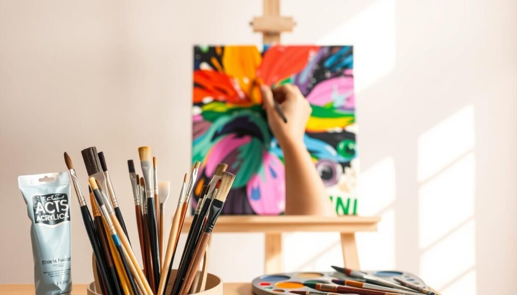 A vibrant acrylic painting demonstration unfolding on an easel against a soft, neutral background. In the foreground, an array of acrylic paint tubes, brushes, and palette knives are neatly arranged, showcasing the versatility of the medium. The middle ground features an artist's hand deftly applying bold, expressive brushstrokes to a canvas, capturing the fluidity and blendability of acrylics. The background is illuminated by natural light, casting a warm, inviting glow and highlighting the dynamic textures and vibrant colors of the painting-in-progress. The overall scene conveys the creative potential and artistic freedom inherent in the acrylic painting process.