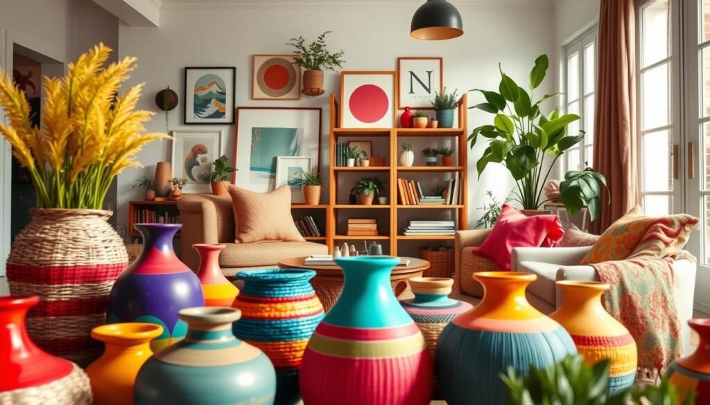 A vibrant and visually captivating scene of colorful home decor ideas. In the foreground, an assortment of handcrafted vases, woven baskets, and decorative throw pillows in a harmonious blend of vivid hues. In the middle ground, a wooden shelving unit displays an eclectic mix of framed artwork, potted plants, and tactile textiles. The background features a cozy, well-lit living room with large windows, allowing natural light to flood the space and accentuate the vibrant colors. The overall atmosphere exudes a sense of warmth, creativity, and a celebration of DIY craftsmanship. Captured with a wide-angle lens and a soft, diffused lighting setup to create a welcoming and inviting ambiance.