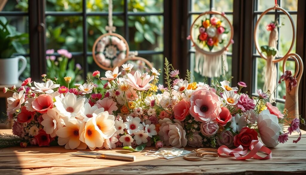A vibrant arrangement of delicate floral craft projects sits atop a rustic wooden table, illuminated by soft, natural lighting. In the foreground, an assortment of handmade paper flowers, woven garlands, and botanical-themed wall hangings create a captivating display. The middle ground features various craft supplies, including scissors, ribbons, and embroidery hoops, suggesting the process of creating these beautiful pieces. In the background, a lush, verdant garden scene can be glimpsed through a large window, adding to the serene, nature-inspired atmosphere. The overall scene conveys a sense of creativity, tranquility, and the joy of DIY floral and garden-themed crafts.