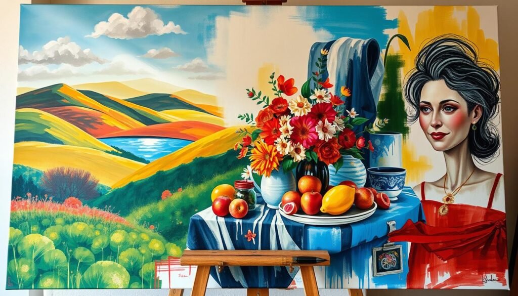 A vibrant array of artistic subjects unfolds on the canvas - a serene landscape with rolling hills and a shimmering lake, a whimsical still life of colorful flowers and fruits, an expressive portrait capturing the essence of the human spirit, an abstract composition of bold, dynamic brushstrokes. Warm, natural lighting casts a soft, inviting glow, drawing the viewer's eye to the center of the frame. The canvas is alive with a sense of creativity and possibility, inviting the artist to explore and experiment with a range of techniques and materials. The overall mood is one of inspiration and joy, capturing the essence of the creative process.