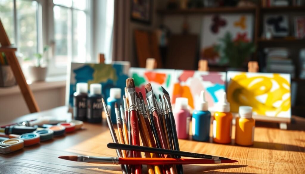 A vibrant assortment of acrylic paints in various hues, arranged artfully on a wooden table. In the foreground, several paintbrushes of different sizes and shapes stand ready, their bristles glistening with fresh paint. The middle ground features a variety of unfinished canvases, each with a unique abstract design taking shape. Soft, diffused lighting from a nearby window bathes the scene in a warm, natural glow, casting gentle shadows and highlights that add depth and texture. The overall atmosphere is one of creative inspiration, inviting the viewer to dive into the world of DIY acrylic paint projects. A vibrant assortment of acrylic paints in various hues, arranged artfully on a wooden table. In the foreground, several paintbrushes of different sizes and shapes stand ready, their bristles glistening with fresh paint. The middle ground features a variety of unfinished canvases, each with a unique abstract design taking shape. Soft, diffused lighting from a nearby window bathes the scene in a warm, natural glow, casting gentle shadows and highlights that add depth and texture. The overall atmosphere is one of creative inspiration, inviting the viewer to dive into the world of DIY acrylic paint projects.