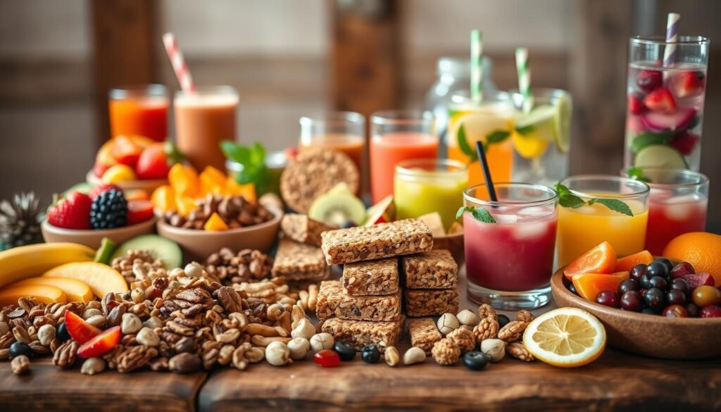 A vibrant assortment of energy-boosting wedding reception snacks, artfully arranged on a rustic wooden table. In the foreground, an array of fresh fruits, nuts, and trail mixes in earthy tones. The middle ground features hearty granola bars and protein-packed energy bites, while the background showcases a selection of colorful smoothies and refreshing infused waters. Soft, diffused lighting casts a warm, inviting glow, creating a welcoming atmosphere. The scene exudes a sense of balance, nourishment, and celebration, perfectly capturing the role of wedding snacks in sustaining guests' energy during the joyous reception.