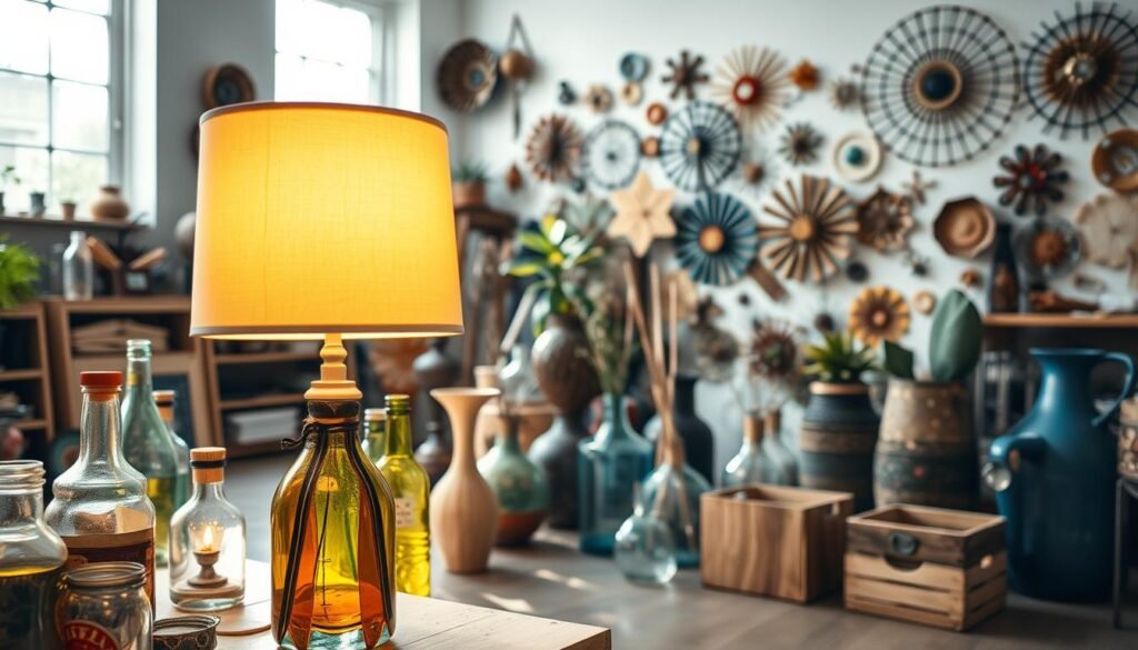 A vibrant assortment of upcycled DIY projects occupies a well-lit, airy studio space. In the foreground, a stylish lamp made from repurposed bottles and jars casts a warm glow. In the middle ground, a collection of handcrafted vases, planters, and organizers crafted from discarded materials like wood, metal, and textiles. The background showcases a wall display of intricate, one-of-a-kind art pieces constructed from recycled items. Natural sunlight floods the scene, highlighting the textures and colors of the sustainable creations. The overall mood is one of creativity, environmentalism, and a celebration of the beauty in repurposed materials.