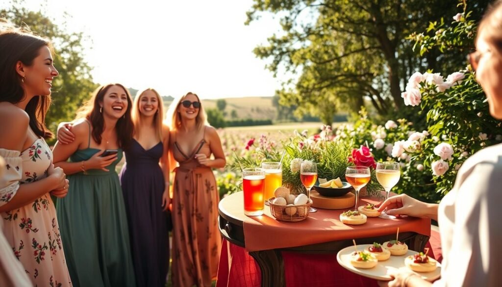 A vibrant celebration of life, joy, and connection in a serene, sun-drenched garden. In the foreground, a group of women in flowing dresses laugh and embrace, their expressions radiant with happiness. The middle ground features a spread of delectable non-alcoholic beverages and elegant finger foods, inviting guests to indulge in the pleasure of the moment. In the background, a lush landscape of blooming flowers and verdant foliage sets the stage for a truly nourishing and rejuvenating experience. Warm, soft lighting bathes the scene, creating an atmosphere of warmth, mindfulness, and cherished memories. This image captures the essence of a sober celebration, where the true spirit of connection and well-being takes center stage.