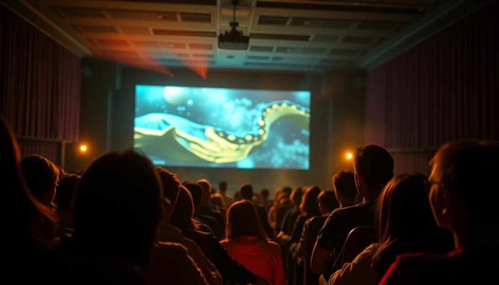 A vibrant, cinematic scene of an educational film's impact. In the foreground, a captivated audience sits in a dimly lit theater, their faces illuminated by the glow of a projection screen. The middle ground features the screen itself, showcasing a visually striking and informative scene, drawing the viewer's attention. In the background, a sense of depth is created with subtle lighting and atmospheric haze, suggesting the scale and grandeur of the cinematic experience. The overall mood is one of engagement, learning, and the transformative power of educational media. Crisp, high-resolution detail, a wide-angle lens, and dramatic chiaroscuro lighting create a visually compelling and impactful image. A vibrant, cinematic scene of an educational film's impact. In the foreground, a captivated audience sits in a dimly lit theater, their faces illuminated by the glow of a projection screen. The middle ground features the screen itself, showcasing a visually striking and informative scene, drawing the viewer's attention. In the background, a sense of depth is created with subtle lighting and atmospheric haze, suggesting the scale and grandeur of the cinematic experience. The overall mood is one of engagement, learning, and the transformative power of educational media. Crisp, high-resolution detail, a wide-angle lens, and dramatic chiaroscuro lighting create a visually compelling and impactful image.