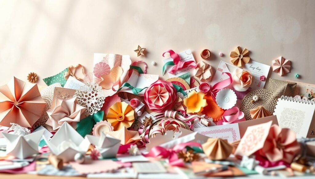A vibrant collage of diverse paper crafts and techniques, set against a soft, ethereal backdrop. In the foreground, delicate origami shapes, intricate paper-cut patterns, and textured handmade cards. In the middle ground, a kaleidoscope of multi-colored paper scraps, ribbons, and ephemera, artfully arranged in a tactile, layered composition. The background features a hazy, dreamlike ambiance, with muted tones and a sense of depth, creating a contemplative, imaginative atmosphere. Soft, natural lighting accentuates the tactile quality of the materials, inviting the viewer to explore the creative potential of paper as a medium.