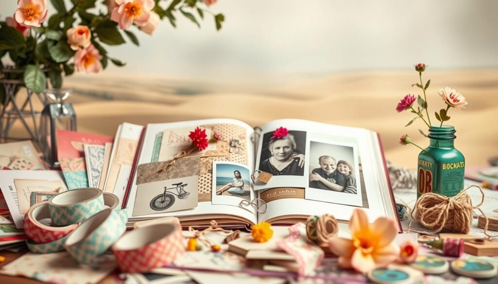 A vibrant collage of memory keeping themes and trends, captured in a soft, dreamlike atmosphere. In the foreground, an assortment of crafting supplies - washi tape, scrapbooking papers, journaling cards, and vintage-inspired ephemera. The middle ground features a photo album open to reveal treasured memories, surrounded by an array of decorative elements like pressed flowers, twine, and polaroid-style photos. In the background, a hazy, pastel-tinted landscape evokes the nostalgic spirit of preserving life's moments. The overall composition conveys a sense of whimsy, creativity, and the joy of curating personal narratives through memory keeping.