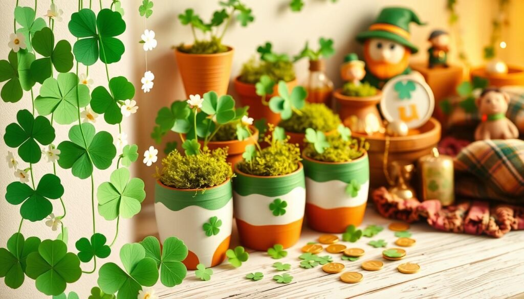 A vibrant collage of whimsical DIY crafts for St. Patrick's Day. In the foreground, a cluster of handmade shamrock garlands, their green leaves and white flowers delicately crafted from paper. In the middle ground, a collection of painted terracotta pots overflowing with fresh clovers and moss, their earthy tones complementing the verdant hues. In the background, a playful arrangement of glittering gold coins, leprechaun-inspired tchotchkes, and a cozy plaid blanket, all bathed in warm, golden lighting that evokes the luck of the Irish. The overall scene radiates a charming, homespun aesthetic, perfect for infusing your online brand with a touch of St. Patrick's Day whimsy.