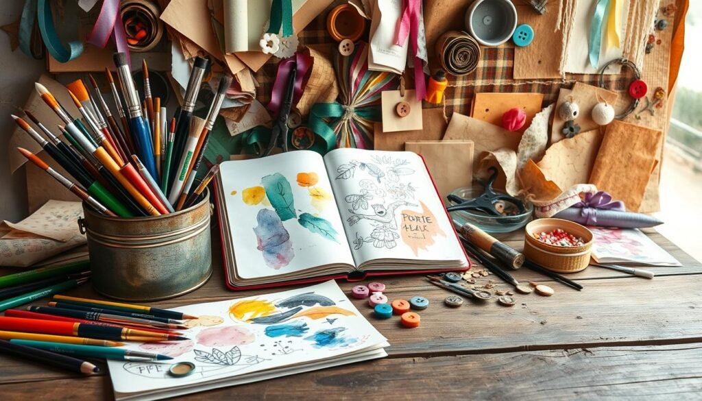 A vibrant collection of mixed media craft supplies and projects artfully arranged on a rustic wooden table. In the foreground, an array of paintbrushes, markers, scissors, and other tools spill out of a vintage tin container. The middle ground showcases an open sketchbook with watercolor washes, collage elements, and ink doodles. In the background, an assortment of textured papers, ribbons, buttons, and found objects create a visually stimulating backdrop. Natural lighting streams in, casting a warm, inviting glow and highlighting the tactile, handmade quality of the crafts. The overall scene radiates creativity, inspiration, and the joy of DIY expression. A vibrant collection of mixed media craft supplies and projects artfully arranged on a rustic wooden table. In the foreground, an array of paintbrushes, markers, scissors, and other tools spill out of a vintage tin container. The middle ground showcases an open sketchbook with watercolor washes, collage elements, and ink doodles. In the background, an assortment of textured papers, ribbons, buttons, and found objects create a visually stimulating backdrop. Natural lighting streams in, casting a warm, inviting glow and highlighting the tactile, handmade quality of the crafts. The overall scene radiates creativity, inspiration, and the joy of DIY expression.