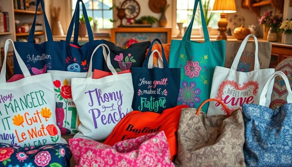 A vibrant collection of personalized tote bag designs, showcasing a diverse array of artistic expressions. In the foreground, an assortment of hand-painted, screen-printed, and embroidered bags in a range of bold colors and intricate patterns, each one a unique reflection of the creator's style. The middle ground features a variety of fabric textures, from sturdy canvas to soft, patterned cotton, inviting the viewer to imagine the tactile experience of these handcrafted accessories. In the background, a warm, natural-lit setting with hints of cozy, homespun decor, creating a welcoming atmosphere that complements the artisanal nature of the tote bags. The overall scene conveys a sense of creativity, individuality, and the joy of self-expression through a versatile, everyday item.