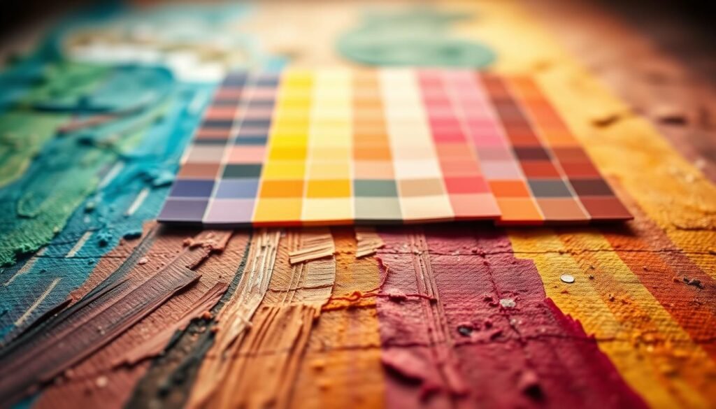 A vibrant color palette spread across a textured canvas, showcasing a harmonious blend of hues. The foreground features an array of brushstrokes, thick and thin, creating a dynamic interplay of colors. In the middle ground, a selection of color samples, ranging from warm to cool tones, are artfully arranged, inviting the viewer to explore the nuances of each shade. The background presents a soft, blurred effect, allowing the focal point of the color techniques to take center stage. Warm, natural lighting casts a gentle glow, accentuating the depth and dimensionality of the canvas. The overall composition exudes a sense of artistic exploration, inspiring the viewer to unleash their creative potential.