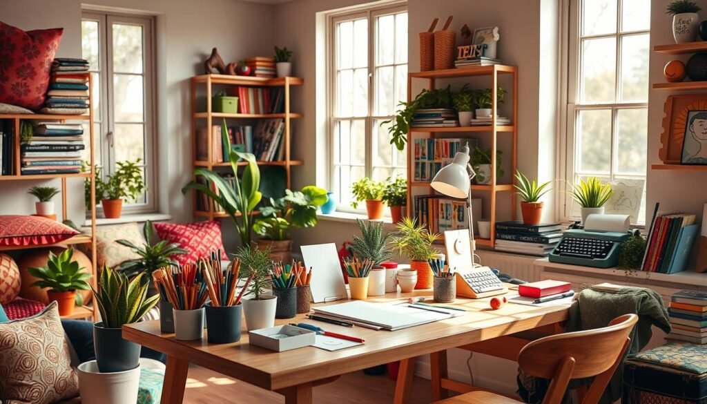 A vibrant, creatively curated workspace, bathed in warm natural lighting streaming through large windows. Colorful art supplies, brushes, and tools neatly arranged on a minimalist wooden desk. Potted plants and succulents adding lush greenery, complemented by an array of cheerful, patterned cushions and textiles. Shelves filled with inspirational design books and sketchpads. Retro-style desk lamp casting a soft glow, alongside a vintage typewriter and a collection of quirky, whimsical knickknacks. The overall atmosphere radiates creativity, productivity, and a touch of playfulness, inviting the viewer to be immersed in the creative process.