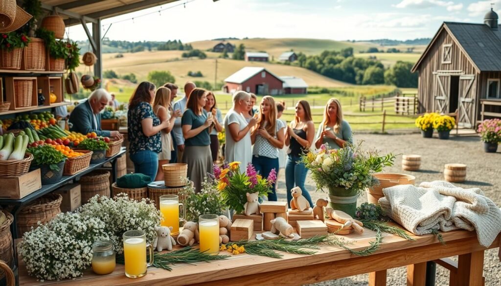 A vibrant farmers market setting, with an array of seasonal produce, woven baskets, and rustic wooden crates. In the foreground, a beautifully decorated baby shower setup - a long wooden table adorned with garlands of baby's breath, greenery, and colorful wildflowers. Guests gather around, sipping lemonade and admiring the thoughtfully curated display of handmade wooden toys, knitted blankets, and sustainable baby essentials. Warm, natural lighting filters through the scene, creating a cozy, inviting atmosphere. In the background, a picturesque landscape of rolling hills and a quaint country barn, complementing the locally grown, down-to-earth theme.