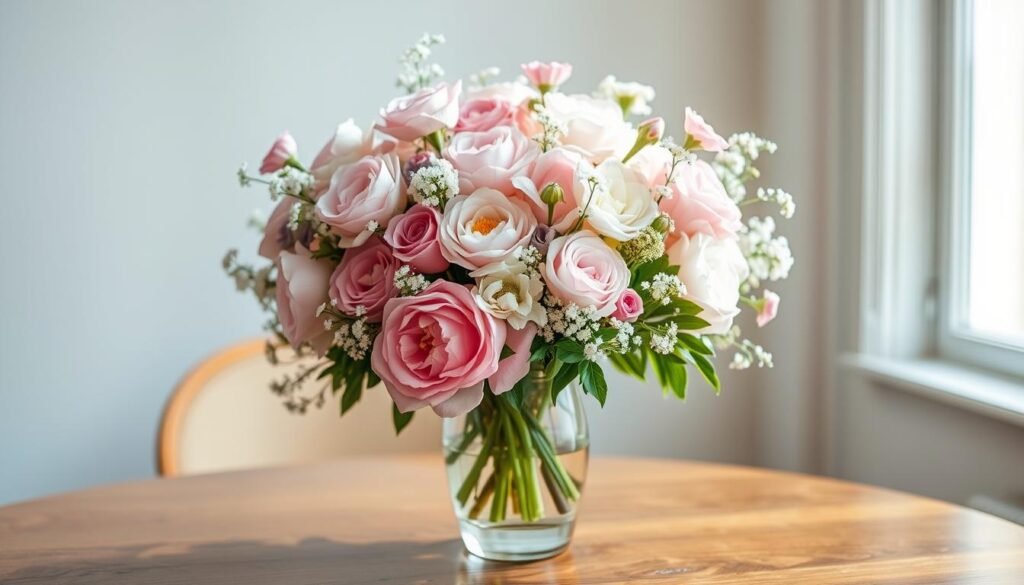 A vibrant floral arrangement in an elegant vase, situated on a wooden table. The flowers bloom in a delicate palette of pastel hues, including soft pinks, lavenders, and whites. The arrangement is carefully curated, with a mix of various floral species like roses, peonies, and baby's breath, creating a visually striking and harmonious composition. Soft, natural lighting filters through a nearby window, casting a warm, diffused glow on the scene. The background is blurred, allowing the floral design to take center stage and inspire the viewer's creativity and imagination.