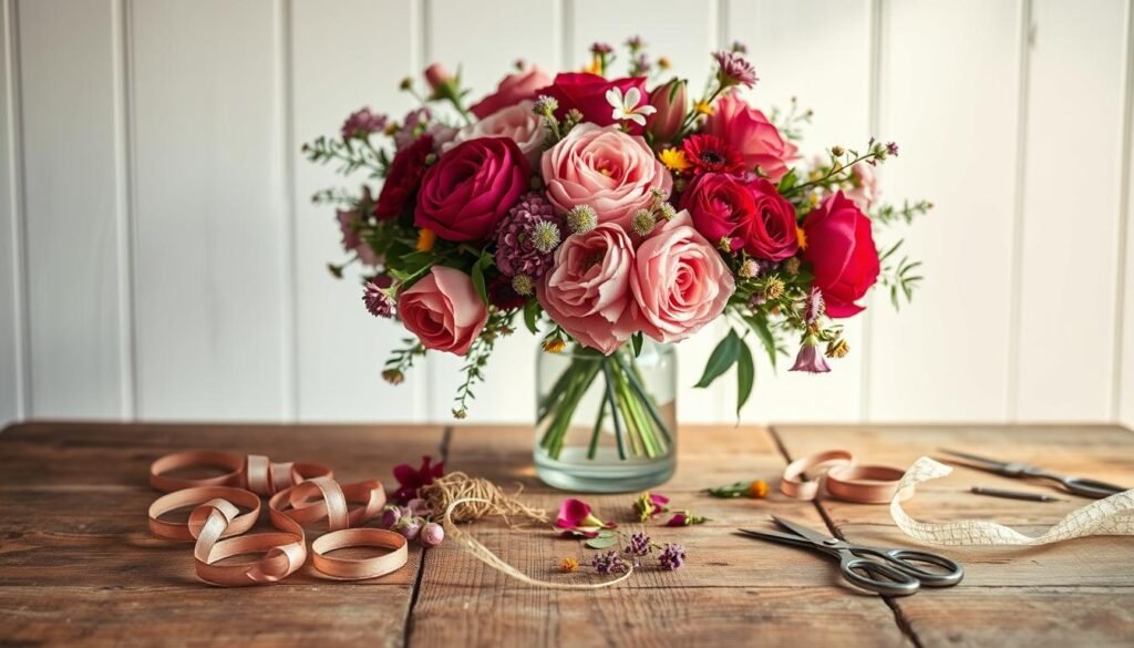 A vibrant floral arrangement resting on a rustic wooden table, illuminated by warm, natural lighting. In the foreground, an assortment of delicate blooms in rich hues - roses, peonies, and wildflowers - artfully arranged in a simple glass vase. In the middle ground, various DIY craft supplies are scattered, including ribbons, twine, and scissors, hinting at the creative process. The background features a minimalist, white-washed backdrop, allowing the organic elements to take center stage and evoke a sense of handmade, botanical charm. The overall mood is one of warmth, creativity, and a touch of whimsy, perfectly suited for a feature on DIY floral-inspired projects. A vibrant floral arrangement resting on a rustic wooden table, illuminated by warm, natural lighting. In the foreground, an assortment of delicate blooms in rich hues - roses, peonies, and wildflowers - artfully arranged in a simple glass vase. In the middle ground, various DIY craft supplies are scattered, including ribbons, twine, and scissors, hinting at the creative process. The background features a minimalist, white-washed backdrop, allowing the organic elements to take center stage and evoke a sense of handmade, botanical charm. The overall mood is one of warmth, creativity, and a touch of whimsy, perfectly suited for a feature on DIY floral-inspired projects.