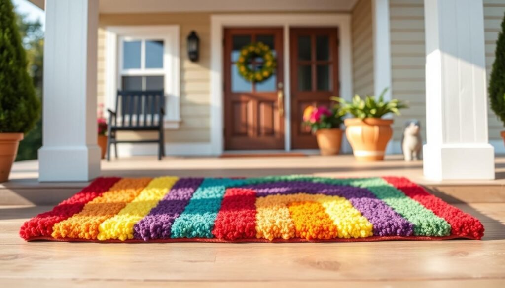 A vibrant, hand-crafted rainbow doormat design. The foreground features a plush, multi-colored rug with bold, overlapping stripes in a spectrum of hues - red, orange, yellow, green, blue, and violet. The pattern is playful and eye-catching, creating a warm, inviting atmosphere. The rug is placed on a smooth, wooden porch, with the background showcasing a picturesque, sun-drenched exterior of a cozy, two-story house. Soft, natural lighting bathes the scene, casting a cheerful, welcoming glow. The overall composition evokes a sense of joy, creativity, and a touch of whimsy, perfectly capturing the spirit of a vibrant, DIY home decor project. A vibrant, hand-crafted rainbow doormat design. The foreground features a plush, multi-colored rug with bold, overlapping stripes in a spectrum of hues - red, orange, yellow, green, blue, and violet. The pattern is playful and eye-catching, creating a warm, inviting atmosphere. The rug is placed on a smooth, wooden porch, with the background showcasing a picturesque, sun-drenched exterior of a cozy, two-story house. Soft, natural lighting bathes the scene, casting a cheerful, welcoming glow. The overall composition evokes a sense of joy, creativity, and a touch of whimsy, perfectly capturing the spirit of a vibrant, DIY home decor project.