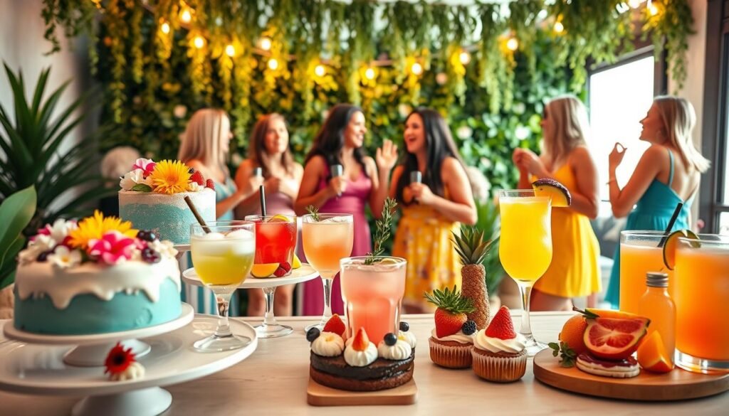 A vibrant, joyful scene of a non-alcoholic bachelorette party celebration. In the foreground, an elegant dessert table with colorful, whimsical treats and mocktails adorned with fresh fruit and edible flowers. In the middle ground, a group of friends laughing and dancing, dressed in bright, festive attire. The background features a lush, botanical backdrop with hanging greenery and string lights, creating a warm, inviting atmosphere. The lighting is soft and natural, highlighting the celebration's playful, intimate mood. Captured with a wide-angle lens to showcase the full scene of this unique, alcohol-free bachelorette party theme.