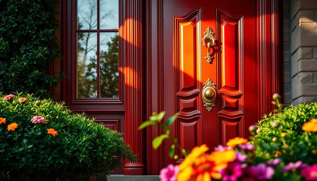 A vibrant, richly-colored front door with an inviting, warm glow, bathed in soft, natural sunlight. The door is made of polished, ornate wood, with intricate details and a gleaming brass doorknob. The door is set against a backdrop of a well-manicured garden, with lush, verdant foliage and colorful flowers blooming in the foreground. The scene is captured with a wide-angle lens, creating a sense of depth and scale, and the lighting is carefully balanced to accentuate the door's vibrant hue and the overall harmonious, welcoming atmosphere.