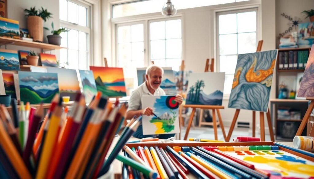 A vibrant scene of engaging painting and coloring activities, set in a warm, well-lit studio. In the foreground, an array of art supplies - paintbrushes, markers, colored pencils, and a palette bursting with vivid hues. In the middle ground, an adult participant seated at an easel, immersed in the creative process, their face alight with focus and joy. Surrounding them, shelves and surfaces display an assortment of finished artworks, from abstract landscapes to intricate patterns. The background features large windows, allowing natural light to flood the space and create a sense of openness and inspiration. The overall atmosphere is one of creative exploration, self-expression, and the pursuit of mindful, joyful artistic activities.