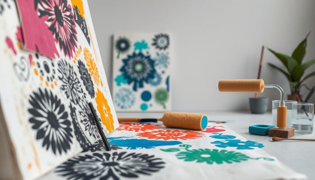 A vibrant stencil painting scene with a focus on diverse techniques. In the foreground, intricate stencils are being carefully applied to a textured canvas, revealing bold, colorful patterns. The middle ground showcases the process, with paintbrushes, sponges, and sponge rollers being used to add depth and dimension. In the background, a minimalist, well-lit studio setting provides a clean, inspirational backdrop. The lighting is soft and diffused, emphasizing the tactile nature of the materials and the artistic expression. The overall mood is one of creativity, experimentation, and the joy of personalized, handmade crafts.